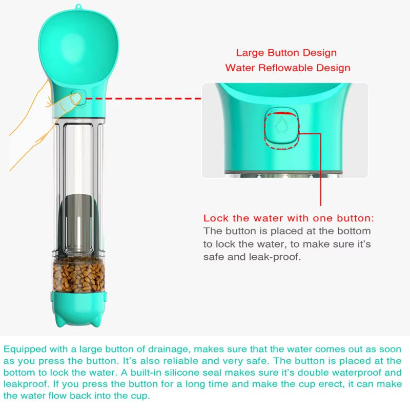 Botella de agua portátil para mascotas, gatos y perros, de 500 ml, comedero y bebedero, recogedor de excrementos, a prueba de fugas, multifuncional.