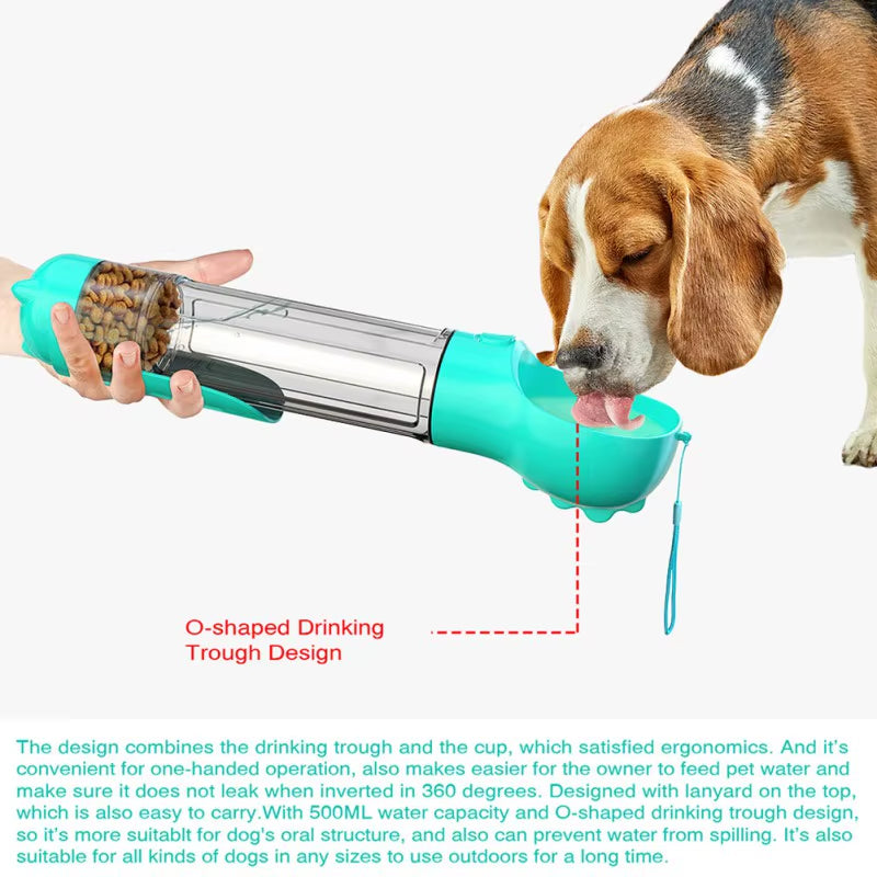 Botella de agua portátil para mascotas, gatos y perros, de 500 ml, comedero y bebedero, recogedor de excrementos, a prueba de fugas, multifuncional.