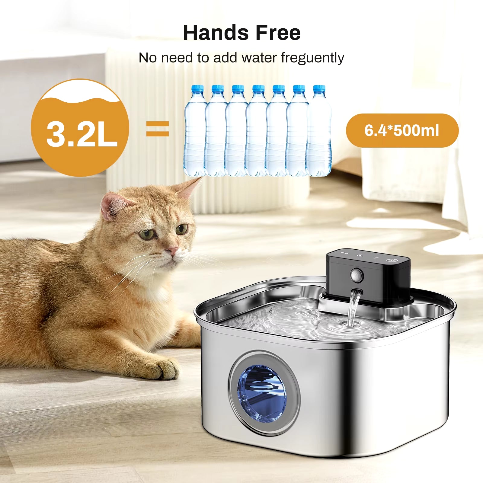 Fuente de agua inalámbrica para mascotas de acero inoxidable de 3,2 l con sensor de movimiento y batería, silenciosa y filtrada para perros y gatos.