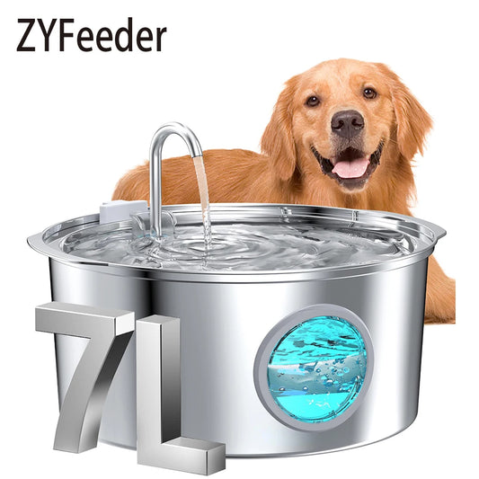 Fuente de agua automática de acero inoxidable de gran capacidad de 7 l para gatos, perros y mascotas, con ventana silenciosa (sin enchufe de 5 V y 1 A)