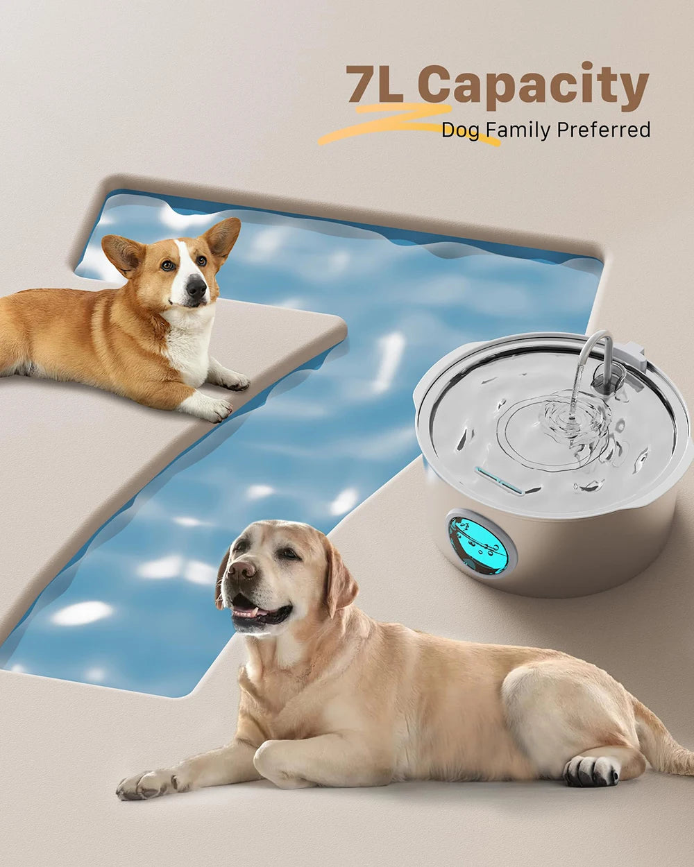 Fuente de agua automática de acero inoxidable de gran capacidad de 7 l para gatos, perros y mascotas, con ventana silenciosa (sin enchufe de 5 V y 1 A)