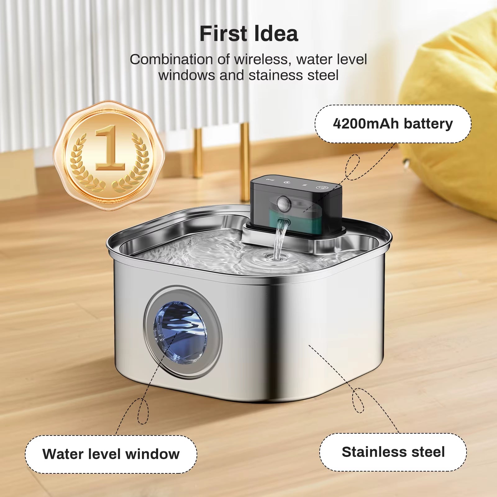 Fuente de agua inalámbrica para mascotas de acero inoxidable de 3,2 l con sensor de movimiento y batería, silenciosa y filtrada para perros y gatos.