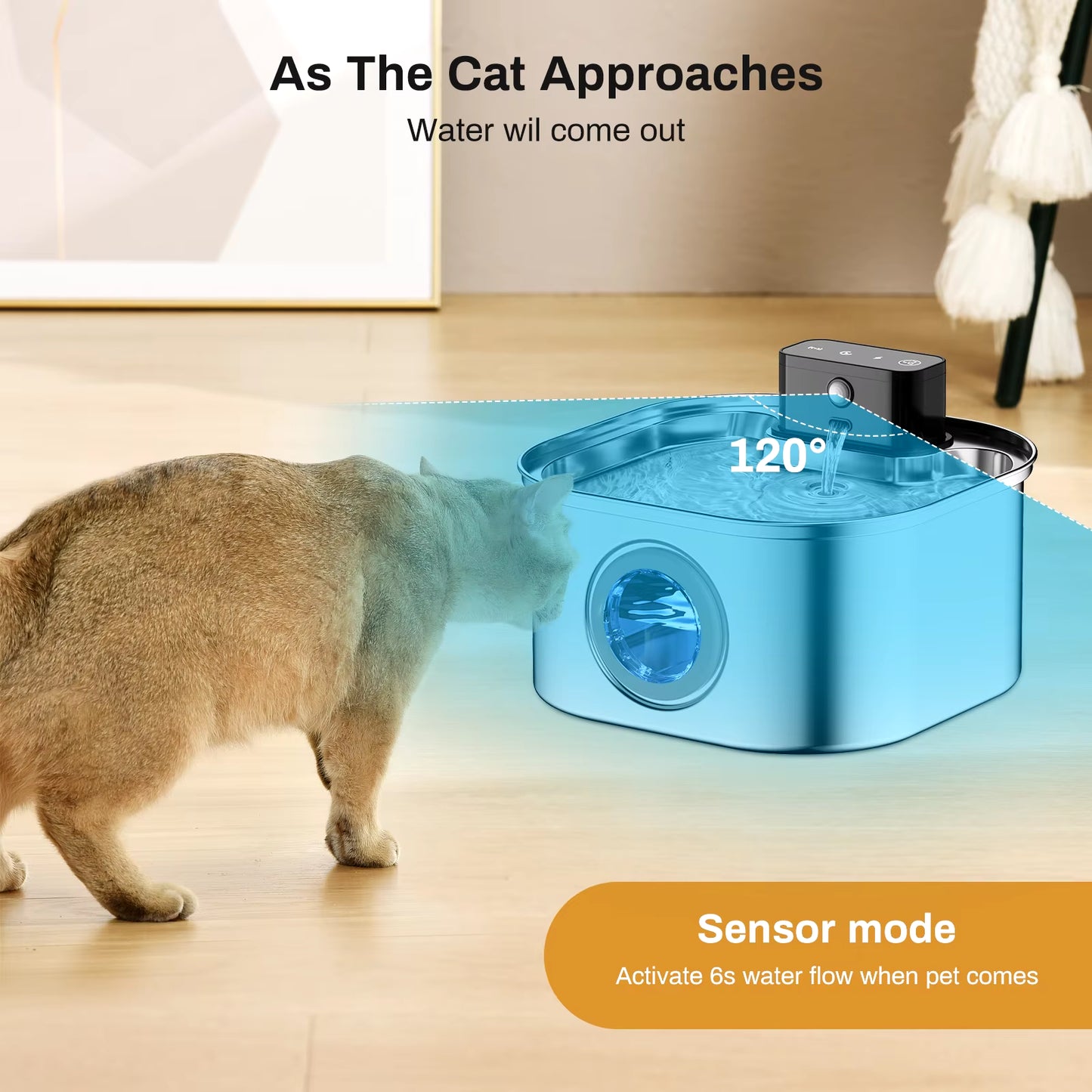Fuente de agua inalámbrica para mascotas de acero inoxidable de 3,2 l con sensor de movimiento y batería, silenciosa y filtrada para perros y gatos.